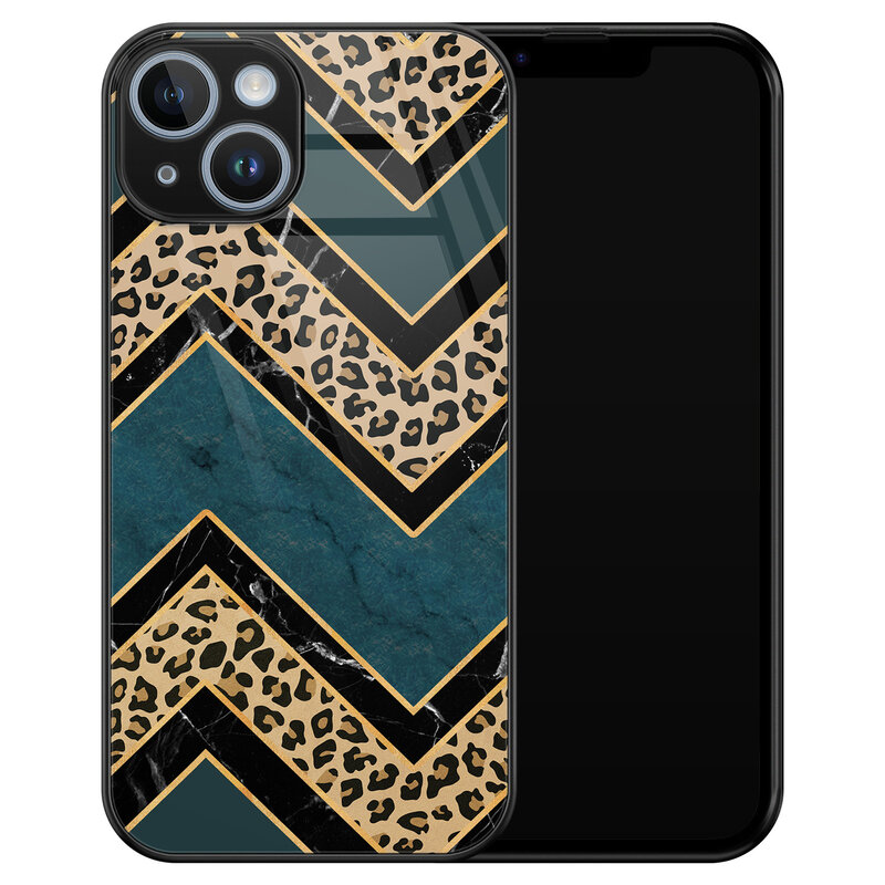 Leuke Telefoonhoesjes iPhone 14 glazen hardcase - Luipaard zigzag