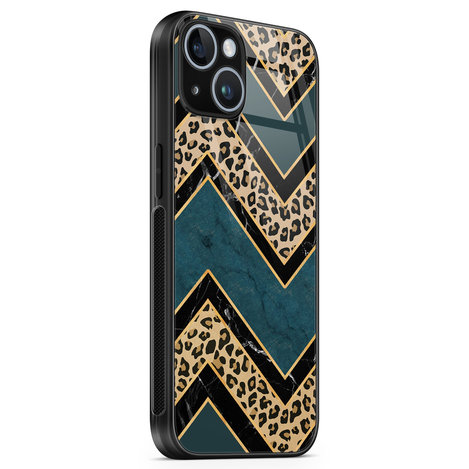 Leuke Telefoonhoesjes iPhone 14 glazen hardcase - Luipaard zigzag