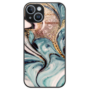 Leuke Telefoonhoesjes iPhone 14 glazen hardcase - Marmer blauw goud