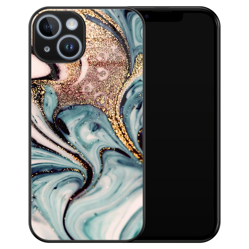 Leuke Telefoonhoesjes iPhone 14 glazen hardcase - Marmer blauw goud