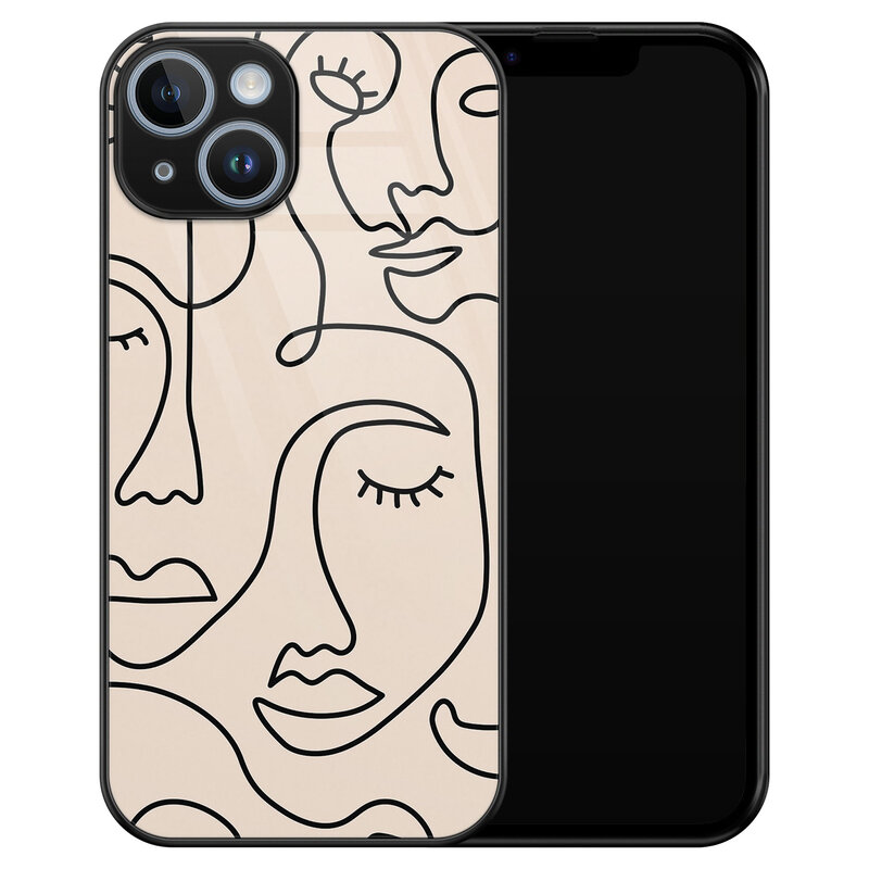 Leuke Telefoonhoesjes iPhone 14 glazen hardcase - Abstract gezicht lijnen