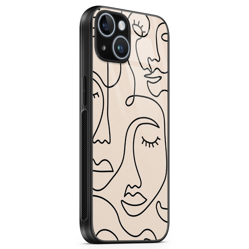 Leuke Telefoonhoesjes iPhone 14 glazen hardcase - Abstract gezicht lijnen