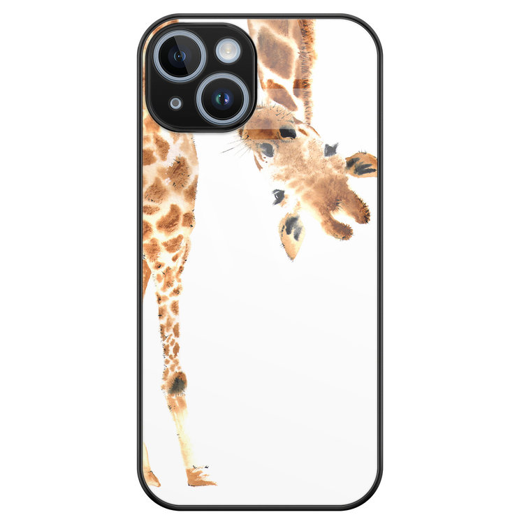 Leuke Telefoonhoesjes iPhone 14 glazen hardcase - Giraffe peekaboo