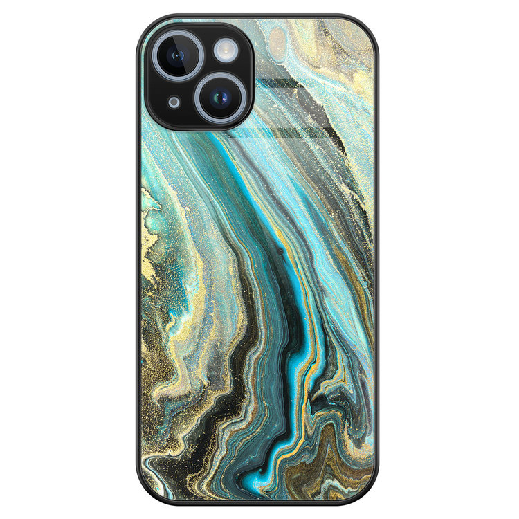 Leuke Telefoonhoesjes iPhone 14 glazen hardcase - Marmer mint
