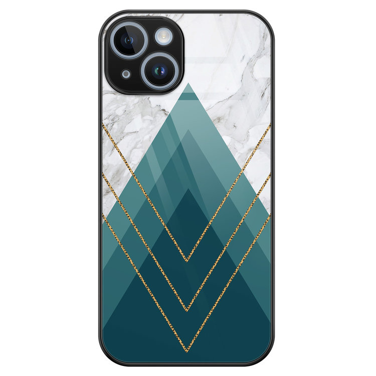 Leuke Telefoonhoesjes iPhone 14 glazen hardcase - Geometrisch blauw
