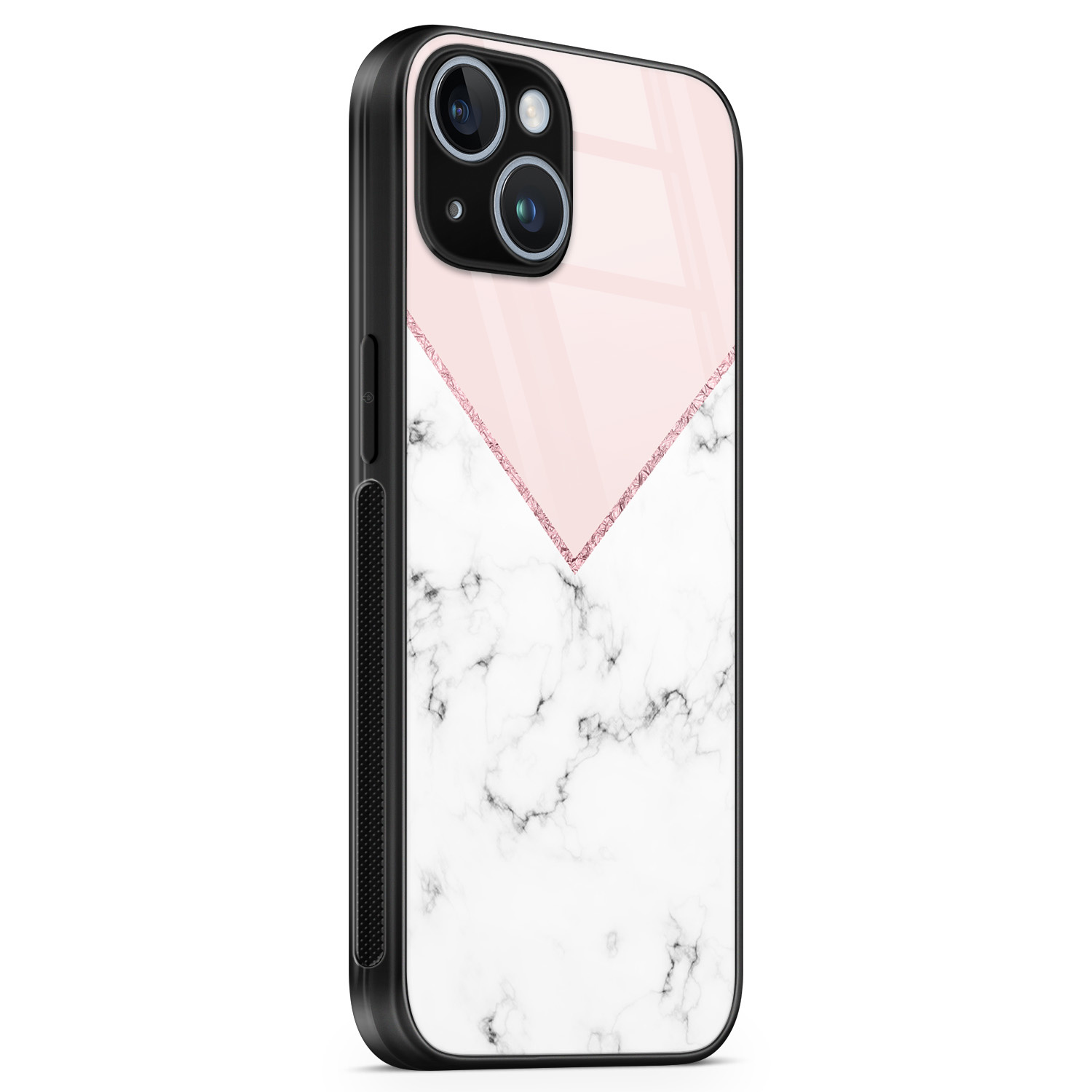 Leuke Telefoonhoesjes iPhone 14 glazen hardcase - Marmer roze grijs