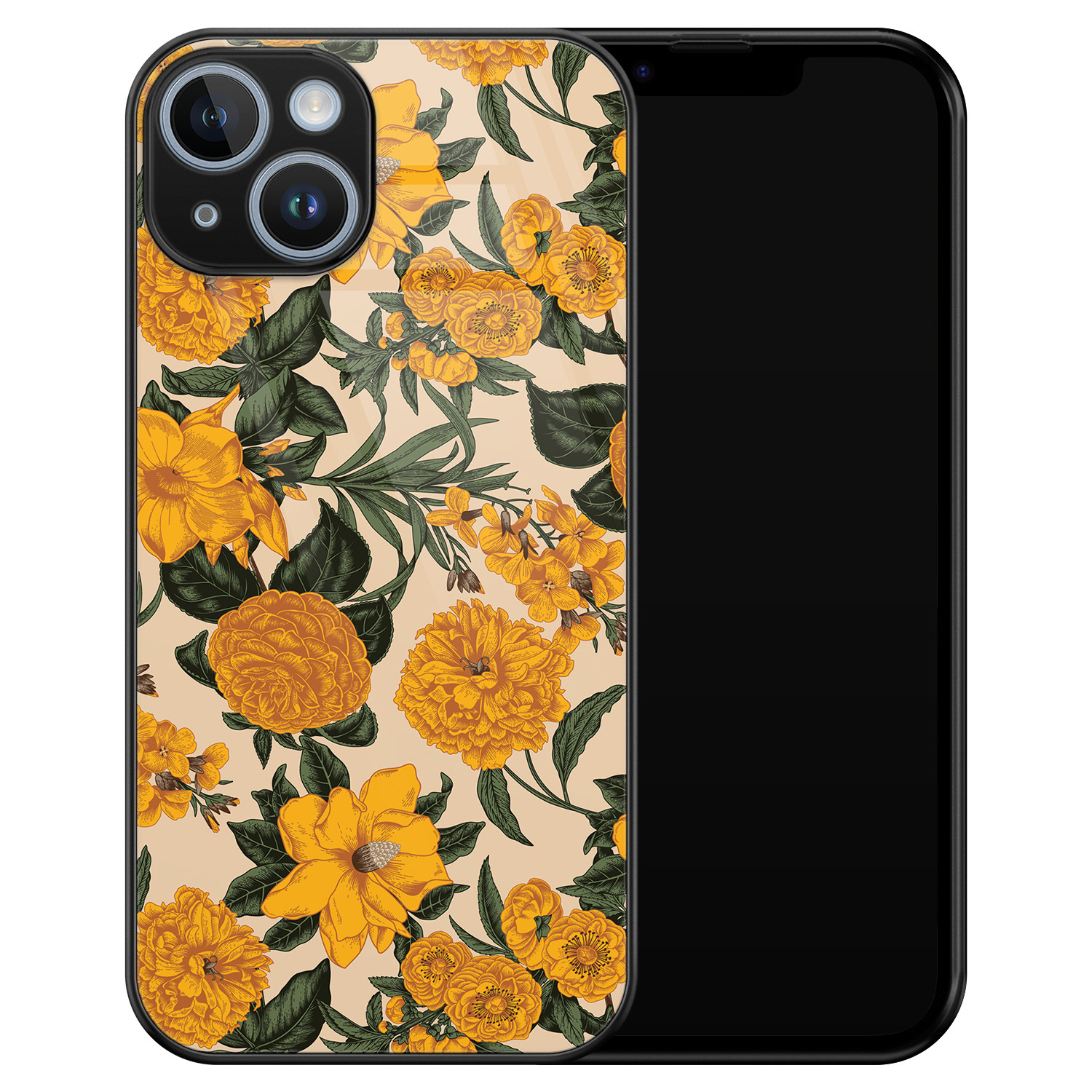 Leuke Telefoonhoesjes iPhone 14 glazen hardcase - Retro flowers