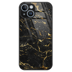 Leuke Telefoonhoesjes iPhone 14 glazen hardcase - Marmer zwart goud