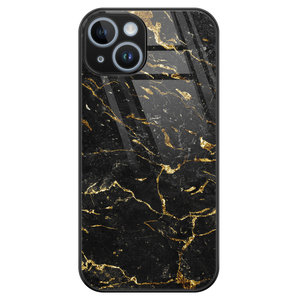 Leuke Telefoonhoesjes iPhone 14 glazen hardcase - Marmer zwart goud