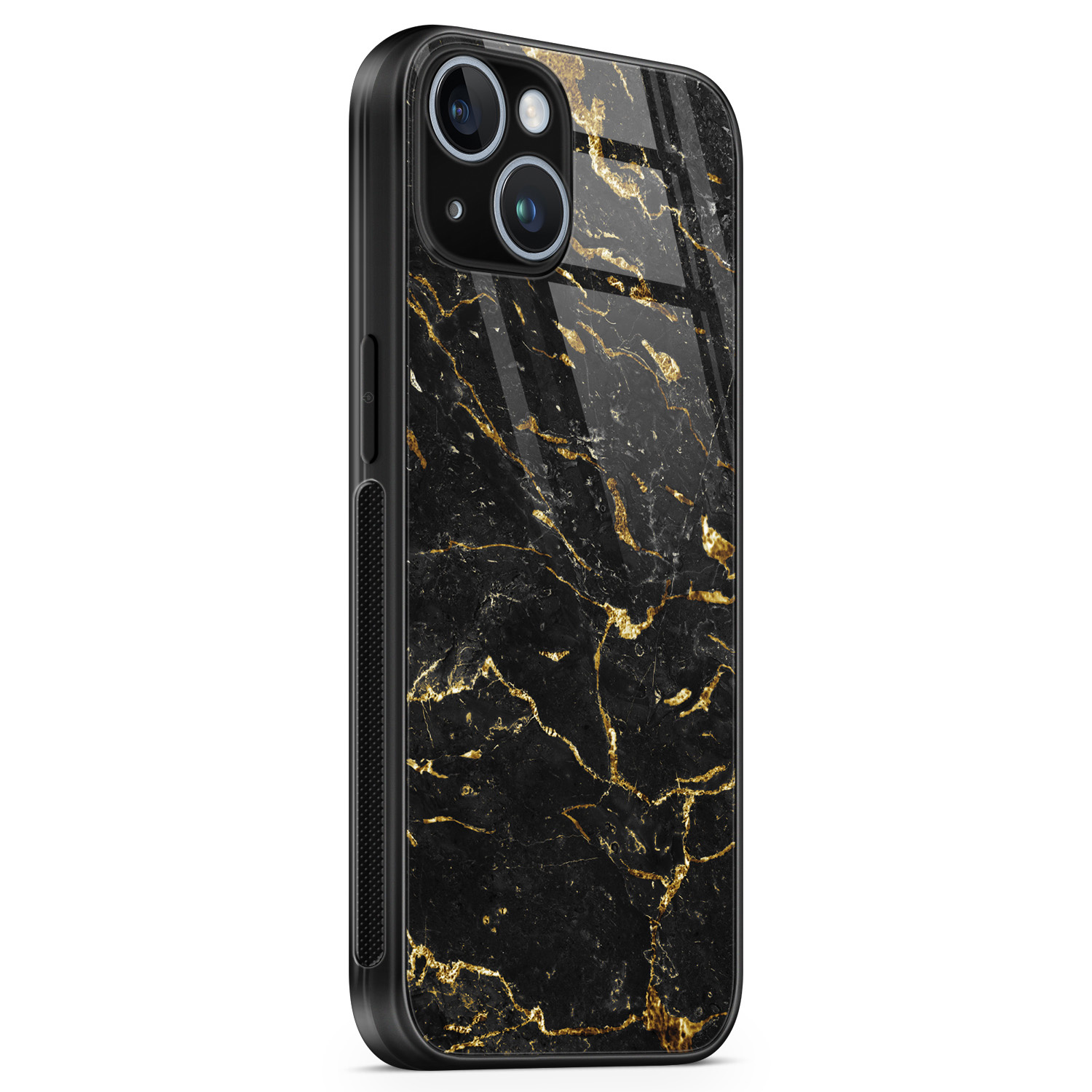 Leuke Telefoonhoesjes iPhone 14 glazen hardcase - Marmer zwart goud