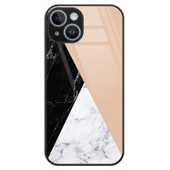 Leuke Telefoonhoesjes iPhone 14 glazen hardcase - Marmer zwart bruin