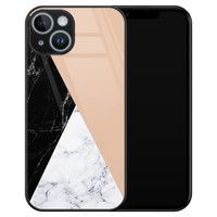 Leuke Telefoonhoesjes iPhone 14 glazen hardcase - Marmer zwart bruin