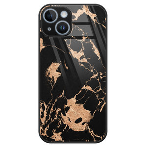 Leuke Telefoonhoesjes iPhone 14 glazen hardcase - Marmer zwart brons