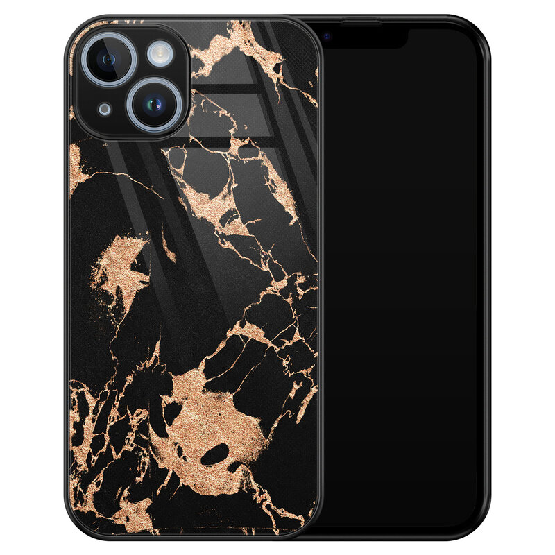 Leuke Telefoonhoesjes iPhone 14 glazen hardcase - Marmer zwart brons
