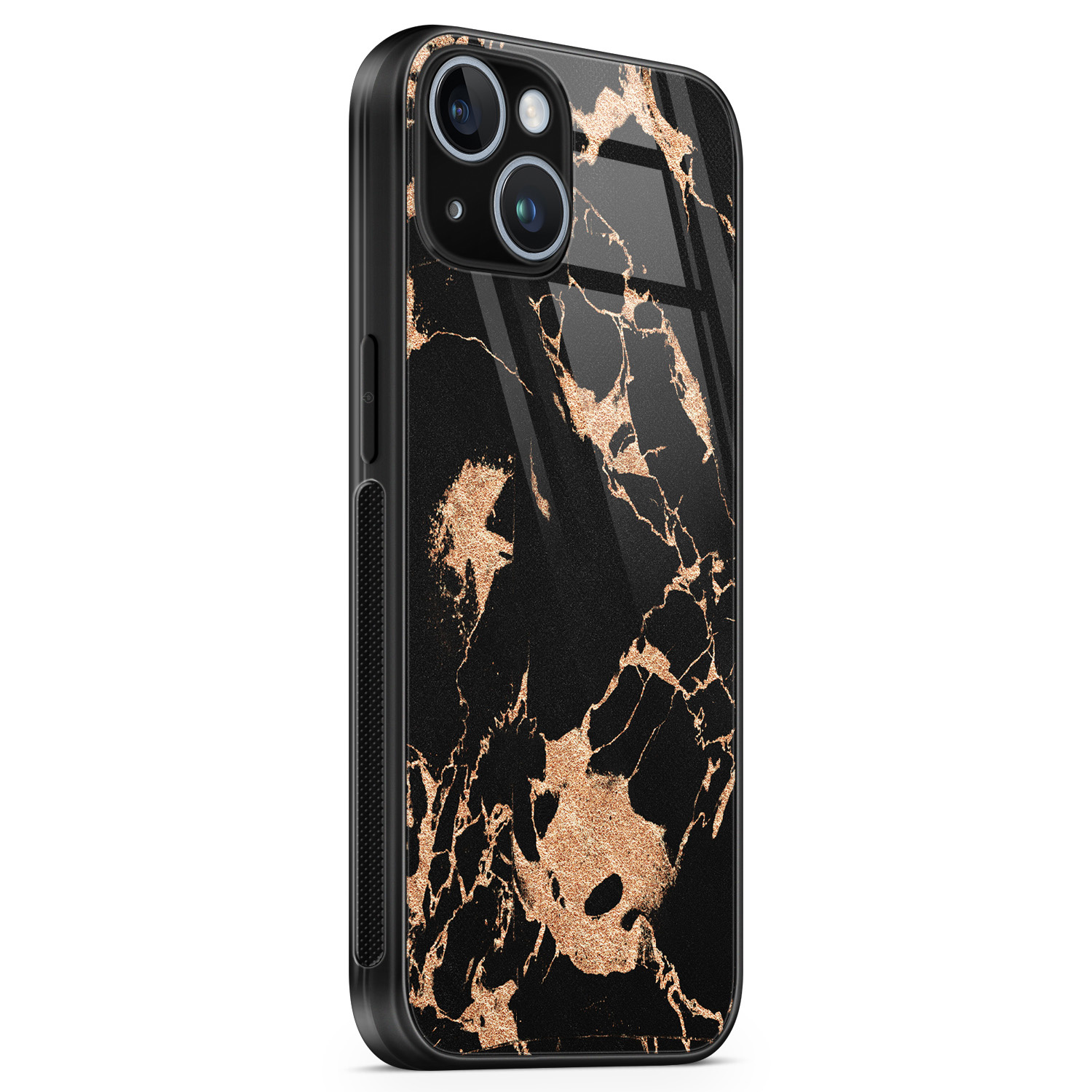 Leuke Telefoonhoesjes iPhone 14 glazen hardcase - Marmer zwart brons