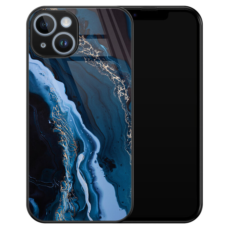 Leuke Telefoonhoesjes iPhone 14 glazen hardcase - Marmer kobaltblauw