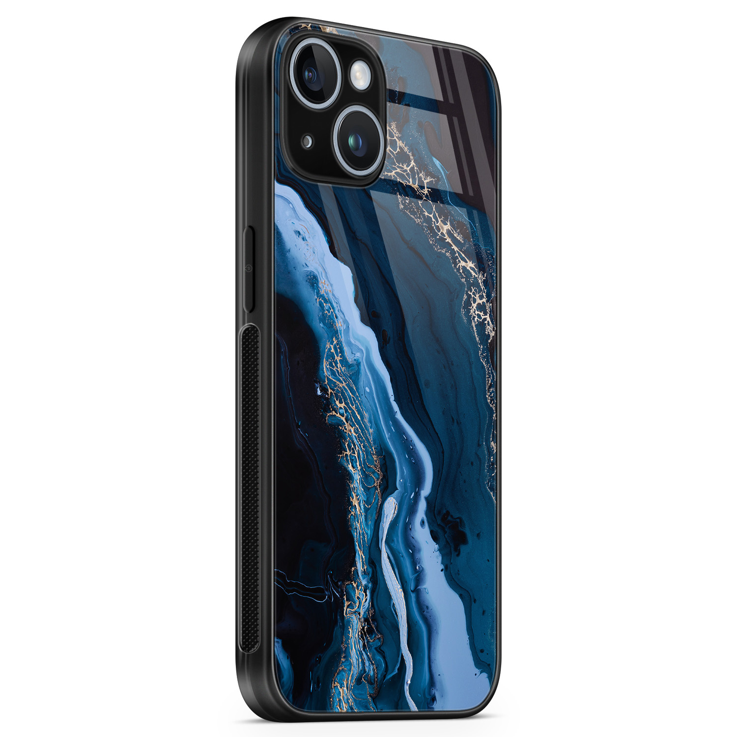 Leuke Telefoonhoesjes iPhone 14 glazen hardcase - Marmer kobaltblauw