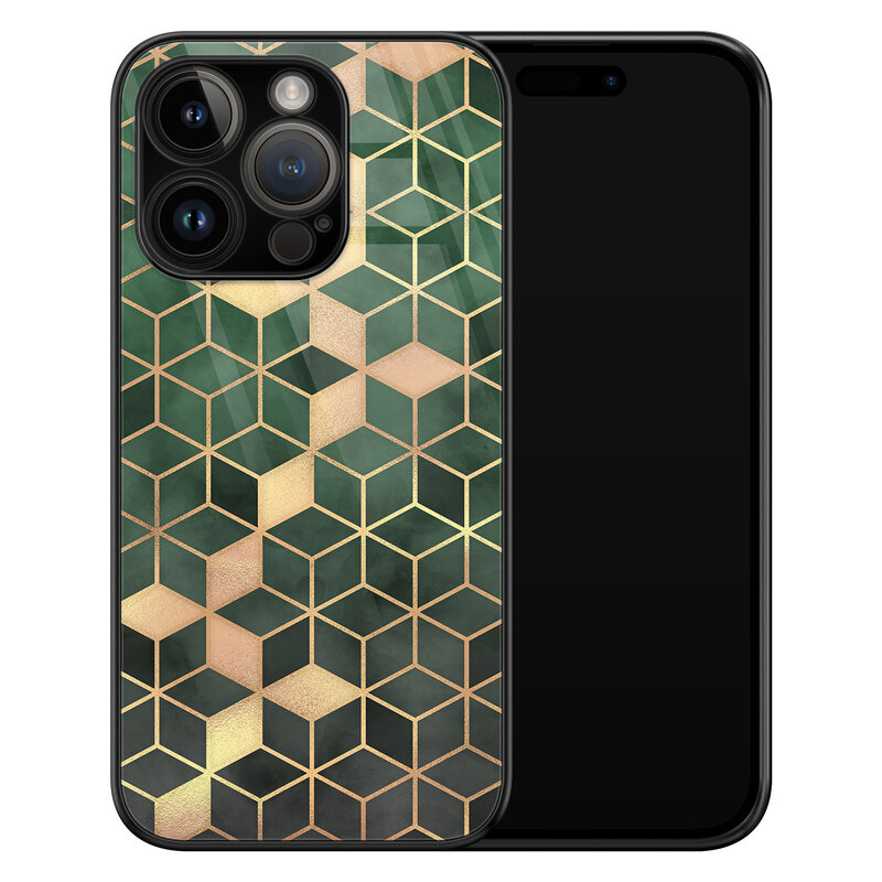 Leuke Telefoonhoesjes iPhone 14 Pro glazen hardcase - Green cubes