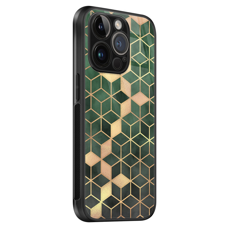 Leuke Telefoonhoesjes iPhone 14 Pro glazen hardcase - Green cubes