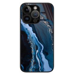 Leuke Telefoonhoesjes iPhone 14 Pro glazen hardcase - Marmer kobaltblauw