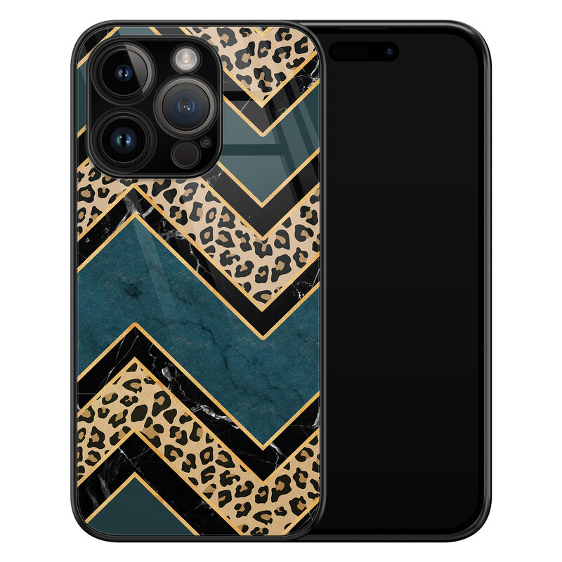 Leuke Telefoonhoesjes iPhone 14 Pro glazen hardcase - Luipaard zigzag