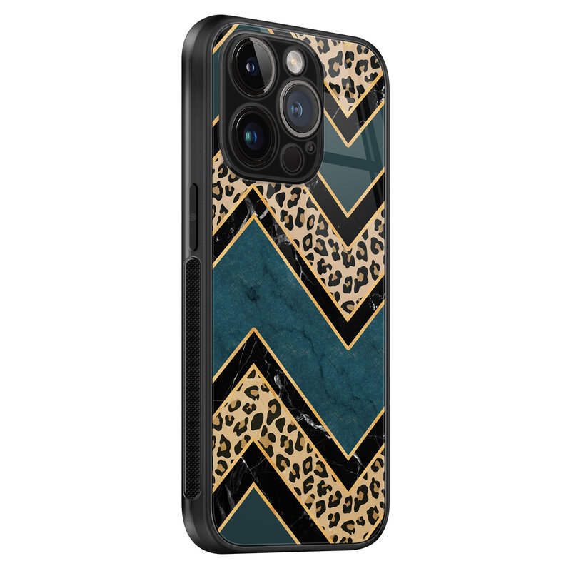 Leuke Telefoonhoesjes iPhone 14 Pro glazen hardcase - Luipaard zigzag