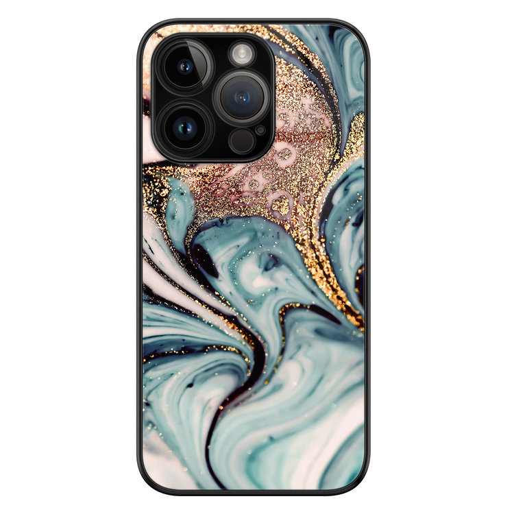 Leuke Telefoonhoesjes iPhone 14 Pro glazen hardcase - Marmer blauw goud