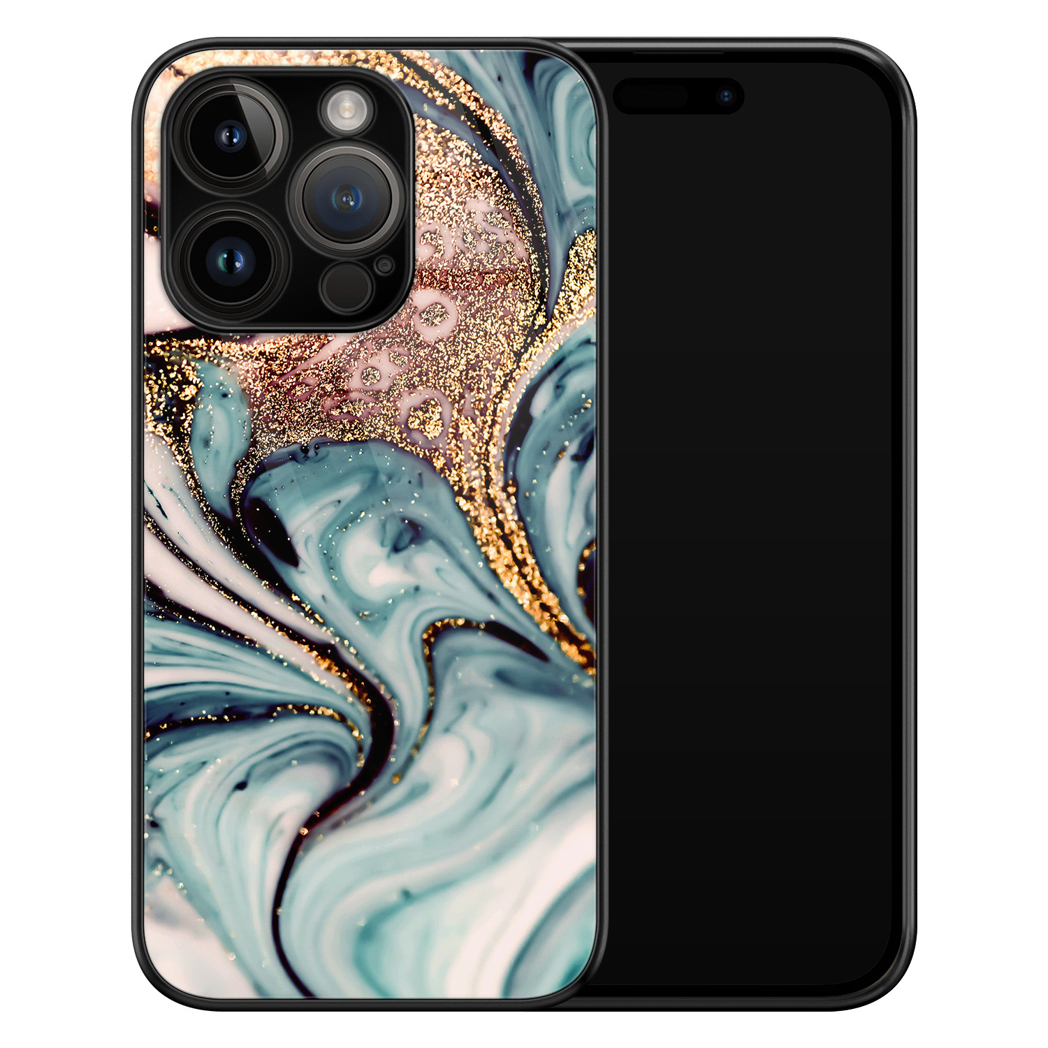 Leuke Telefoonhoesjes iPhone 14 Pro glazen hardcase - Marmer blauw goud