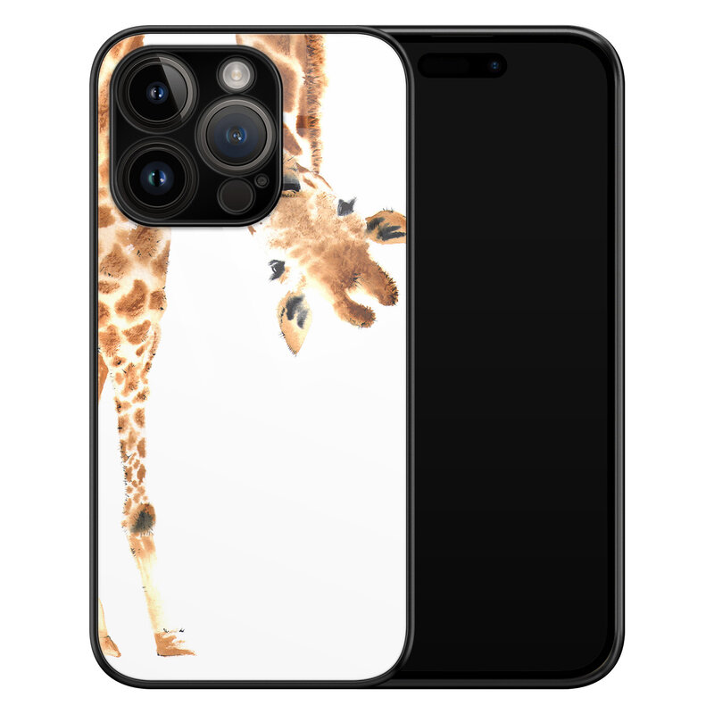 Leuke Telefoonhoesjes iPhone 14 Pro glazen hardcase - Giraffe peekaboo
