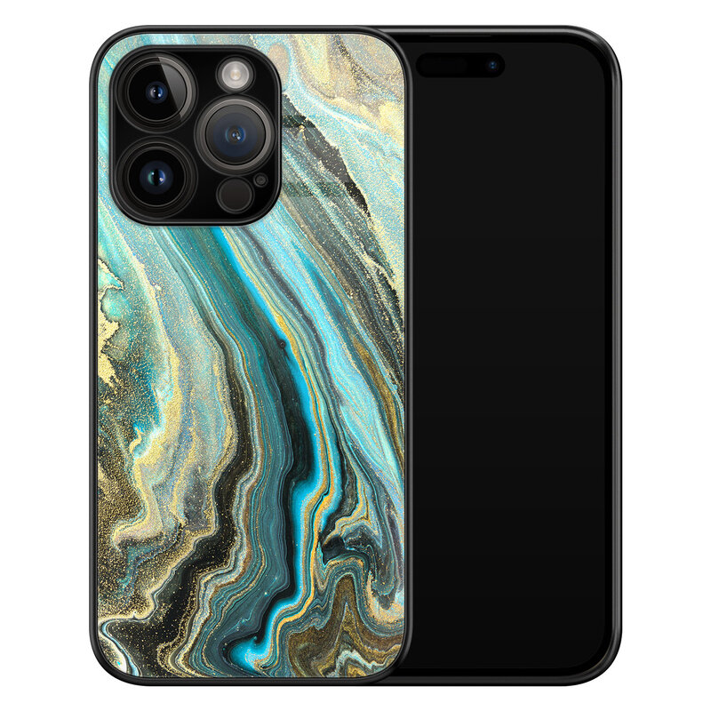 Leuke Telefoonhoesjes iPhone 14 Pro glazen hardcase - Marmer mint