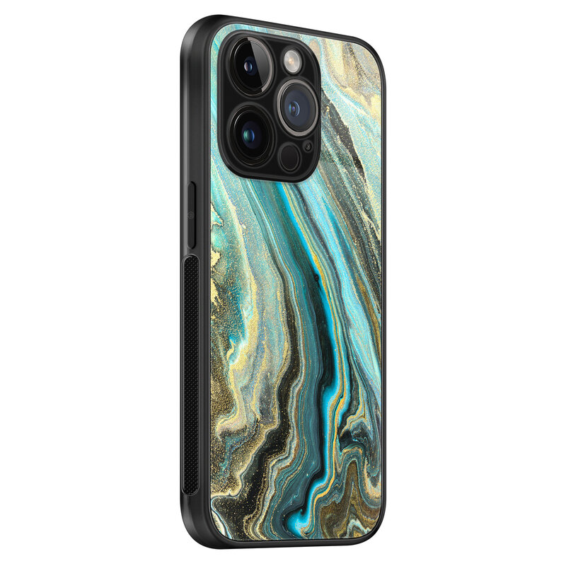 Leuke Telefoonhoesjes iPhone 14 Pro glazen hardcase - Marmer mint