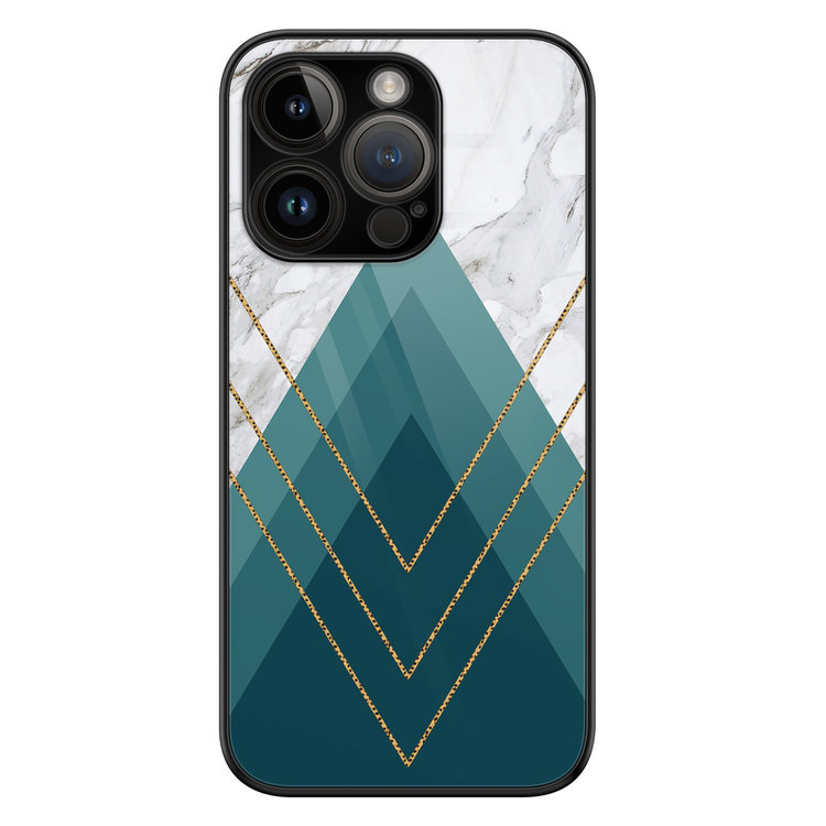 Leuke Telefoonhoesjes iPhone 14 Pro glazen hardcase - Geometrisch blauw