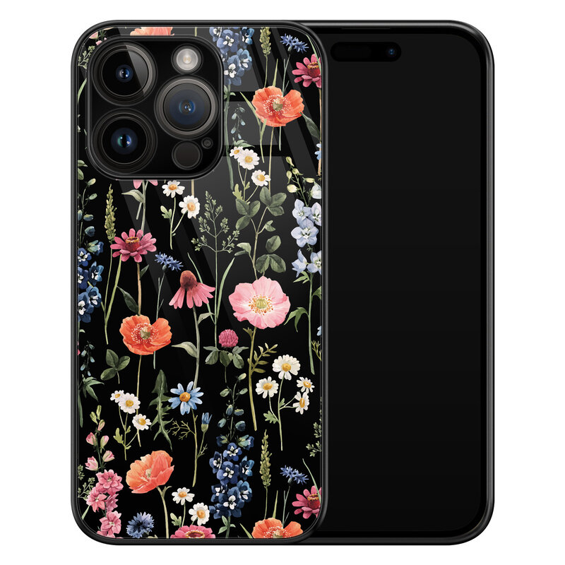 Leuke Telefoonhoesjes iPhone 14 Pro glazen hardcase - Dark flowers
