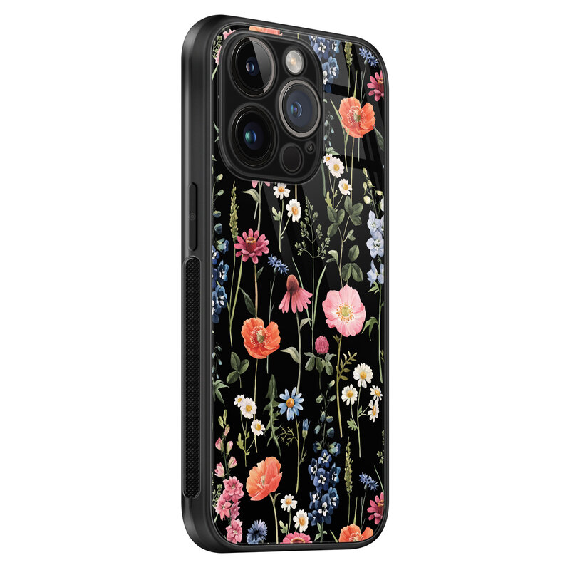 Leuke Telefoonhoesjes iPhone 14 Pro glazen hardcase - Dark flowers