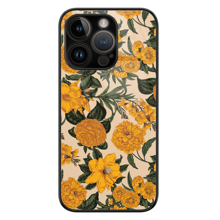 Leuke Telefoonhoesjes iPhone 14 Pro glazen hardcase - Retro flowers