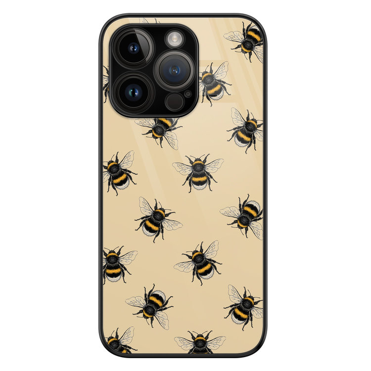 Leuke Telefoonhoesjes iPhone 14 Pro glazen hardcase - Bee happy