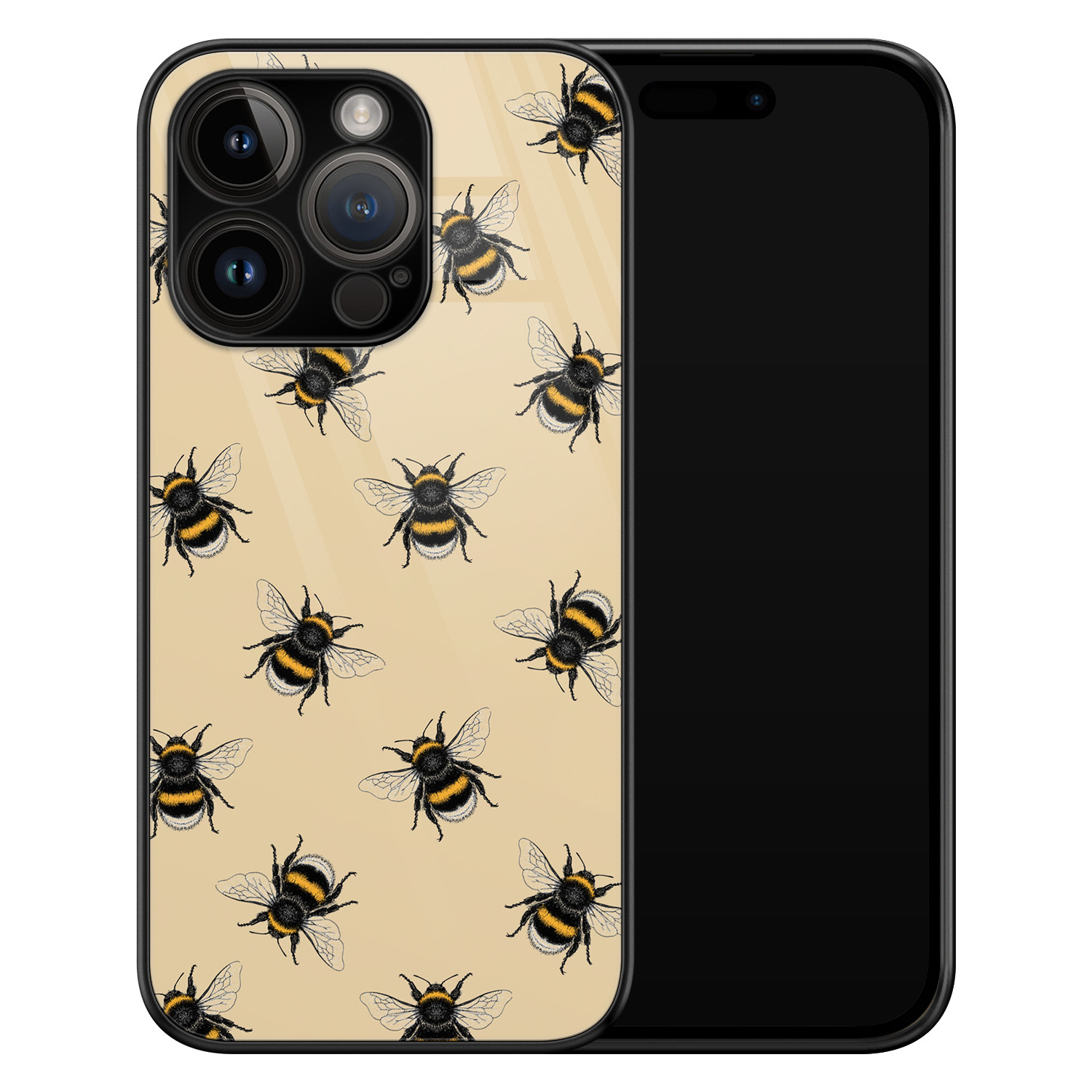 Leuke Telefoonhoesjes iPhone 14 Pro glazen hardcase - Bee happy