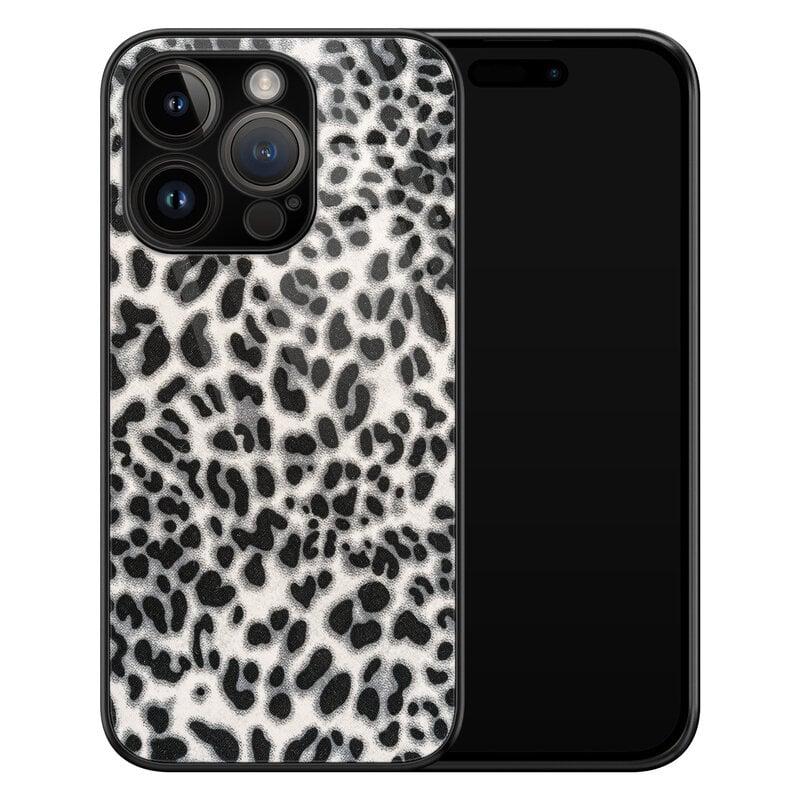 Leuke Telefoonhoesjes iPhone 14 Pro glazen hardcase - Luipaard grijs