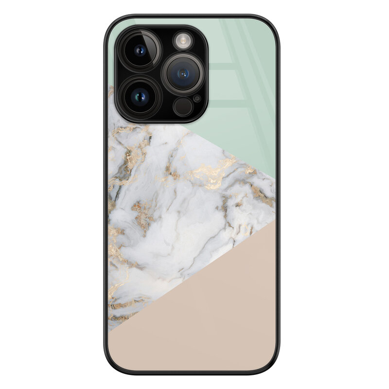Leuke Telefoonhoesjes iPhone 14 Pro glazen hardcase - Marmer pastel mix