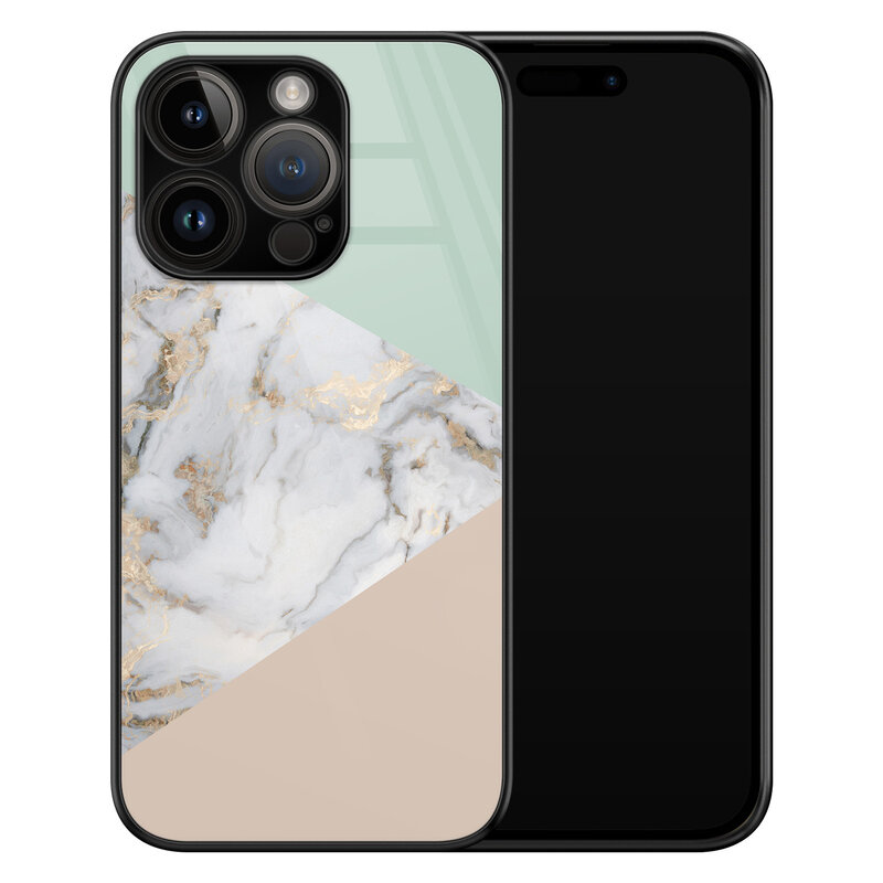 Leuke Telefoonhoesjes iPhone 14 Pro glazen hardcase - Marmer pastel mix