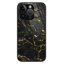 Leuke Telefoonhoesjes iPhone 14 Pro glazen hardcase - Marmer zwart goud