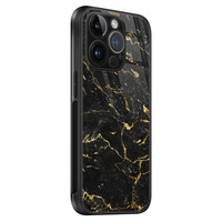 Leuke Telefoonhoesjes iPhone 14 Pro glazen hardcase - Marmer zwart goud