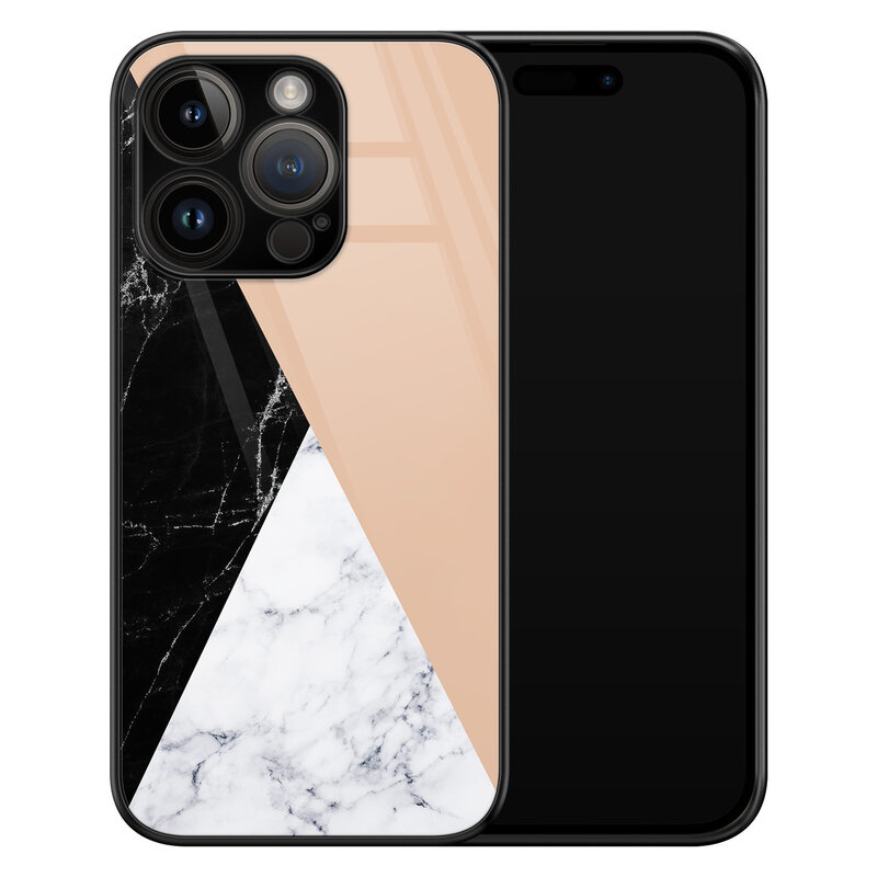 Leuke Telefoonhoesjes iPhone 14 Pro glazen hardcase - Marmer zwart bruin