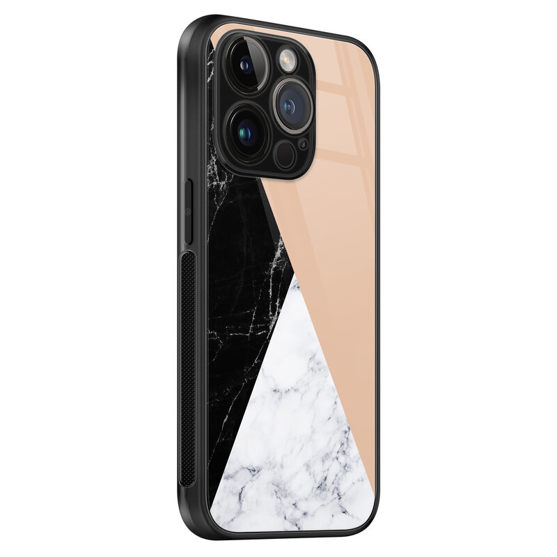Leuke Telefoonhoesjes iPhone 14 Pro glazen hardcase - Marmer zwart bruin