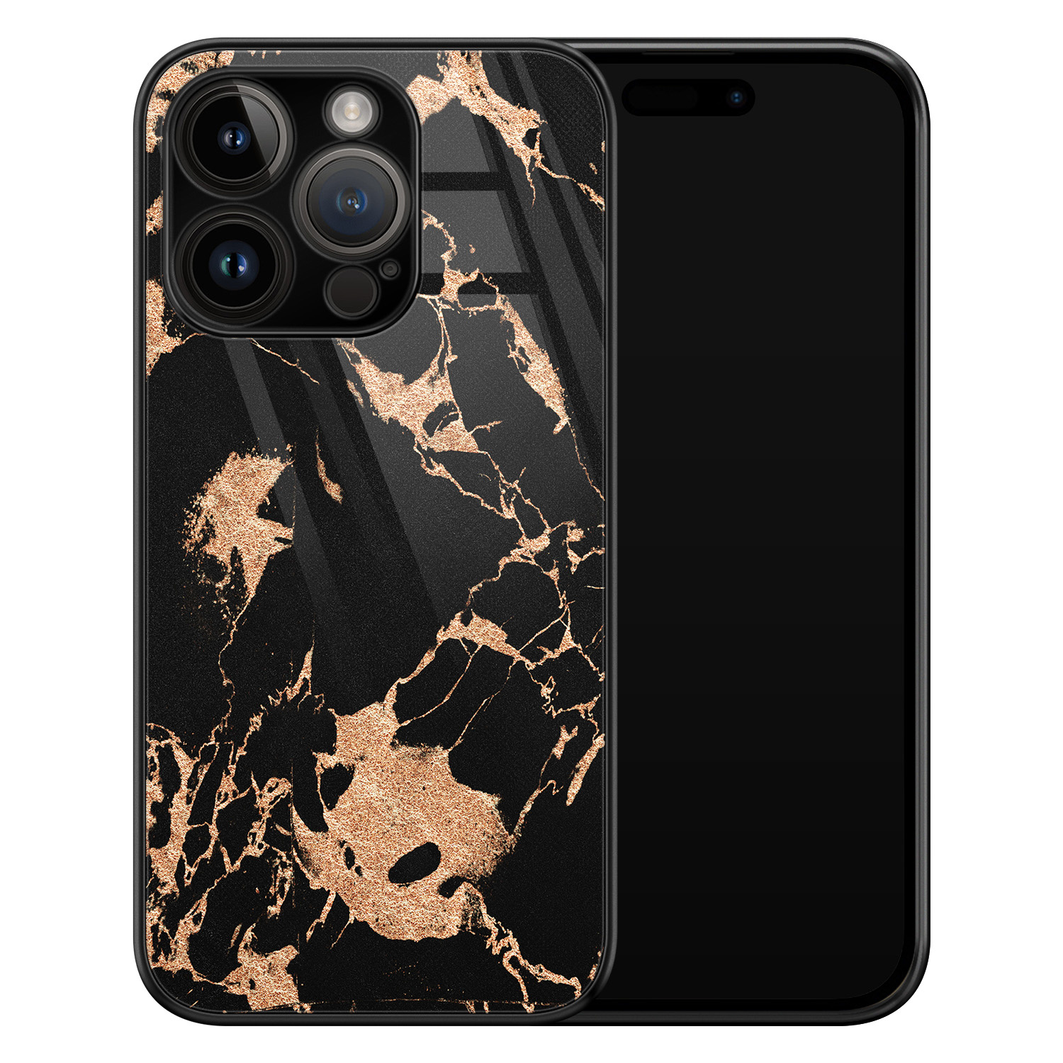 Leuke Telefoonhoesjes iPhone 14 Pro glazen hardcase - Marmer zwart brons