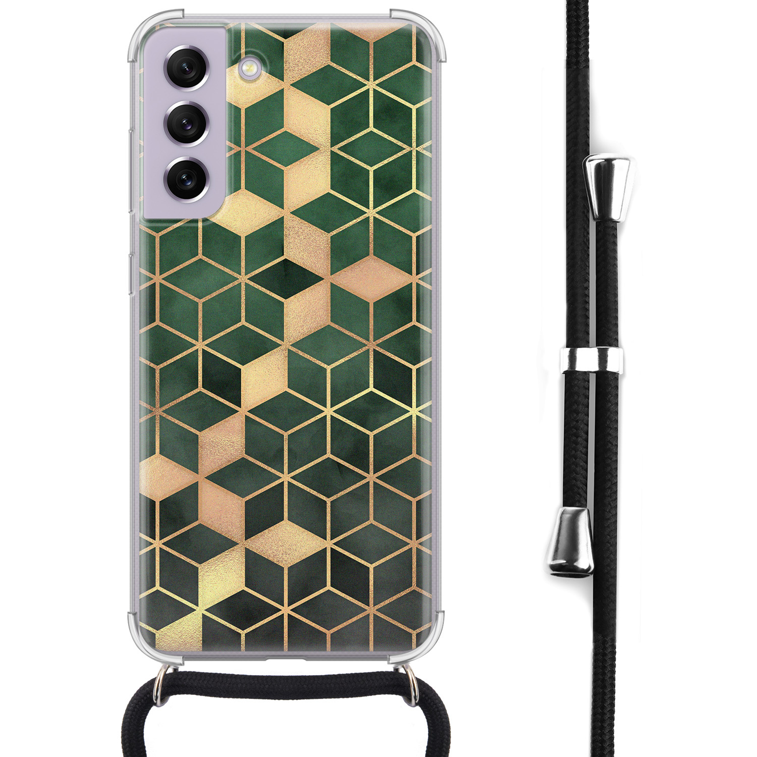 Leuke Telefoonhoesjes Samsung Galaxy S21 FE hoesje met koord - Green cubes