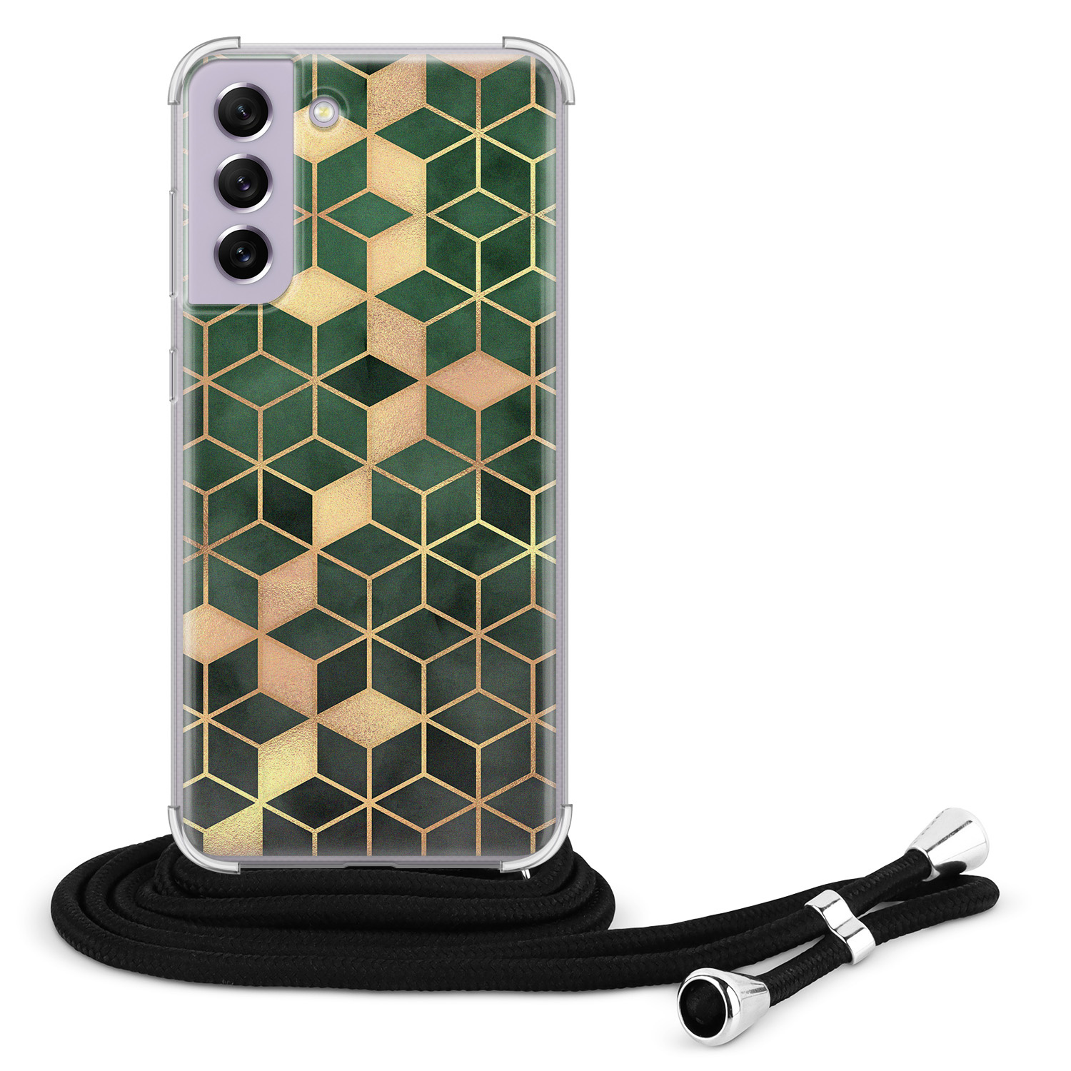 Leuke Telefoonhoesjes Samsung Galaxy S21 FE hoesje met koord - Green cubes