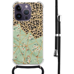 Leuke Telefoonhoesjes iPhone 14 Pro Max hoesje met koord - Luipaard flower print