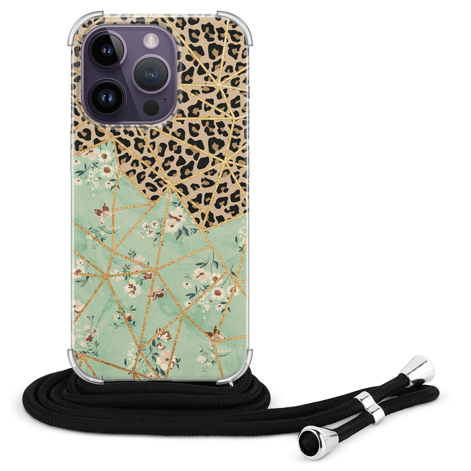 Leuke Telefoonhoesjes iPhone 14 Pro Max hoesje met koord - Luipaard flower print