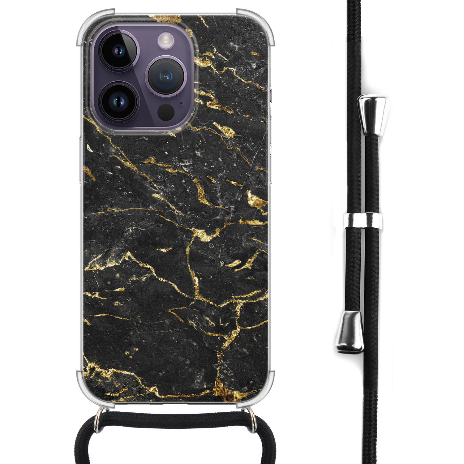 Leuke Telefoonhoesjes iPhone 14 Pro Max hoesje met koord - Marmer zwart goud